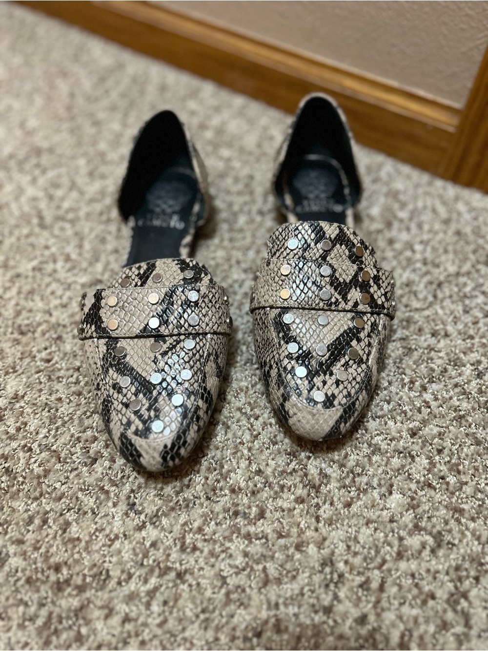 Vince Camuto Snake-Print Studded Mules - Beige/Black Size 6.5